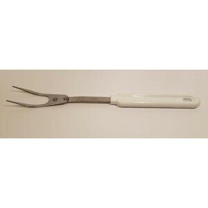 Robinson Knife Stainless Steel Meat Fork 2 Wide Prong 11" White Handle Vintage
